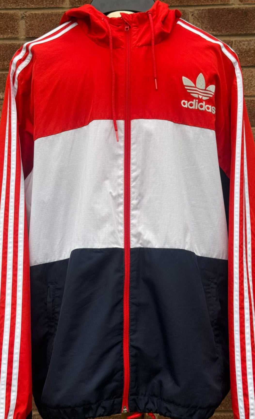Classic Adidas Colourblock Windbreaker Jacket – Red/White/Navy – Trefoil – Hooded-Size XL