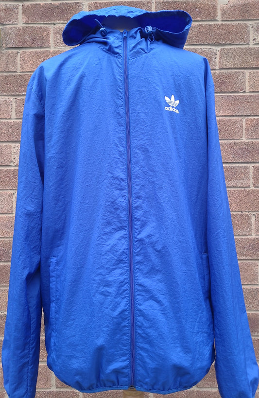 Vintage Adidas Originals Blue Hooded Windbreaker Jacket – Minimal Trefoil – Lightweight Shell – Size L