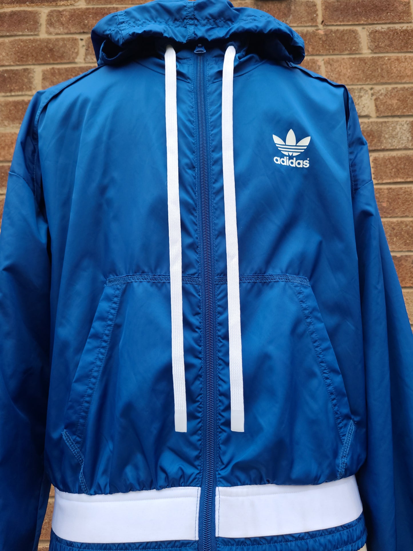 Adidas Ladies Trefoil Blue Windbreaker Jacket – Hooded Full Zip – Vintage Sportswear Piece - UK 8