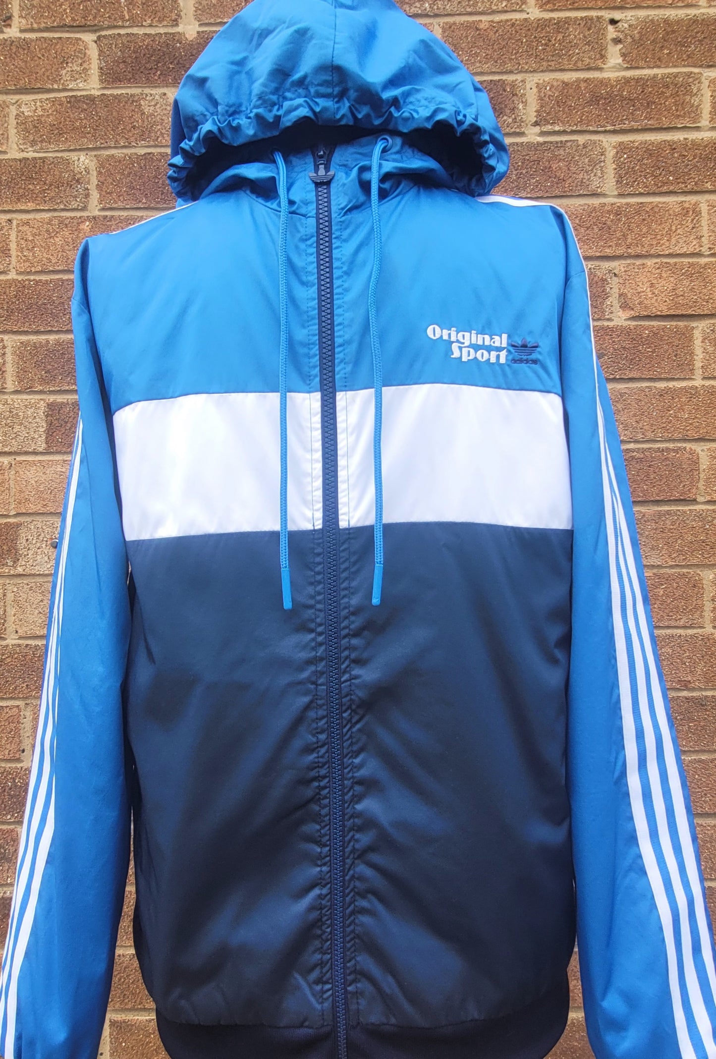 Adidas Classic Originals Sport Windbreaker Jacket Blue White 3 Stripe Hooded-Size S