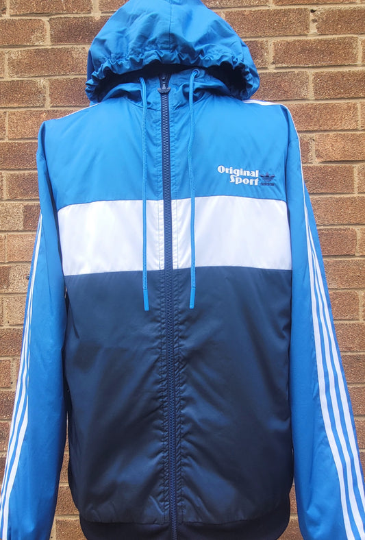 Adidas Classic Originals Sport Windbreaker Jacket Blue White 3 Stripe Hooded-Size S
