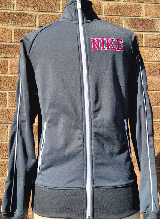 Nike Gray full zip track jacket pink embroidered logo side zip pockets ribbed hem and cuffs