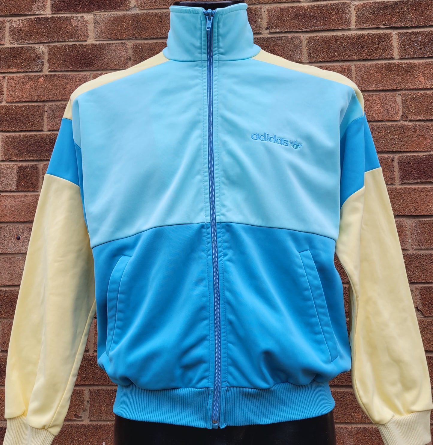 Vintage adidas Originals Track Jacket Ice Blue / Pale Yellow Colourblock Trefoil Zip Top Late 80s West Germany Size: GB - L
