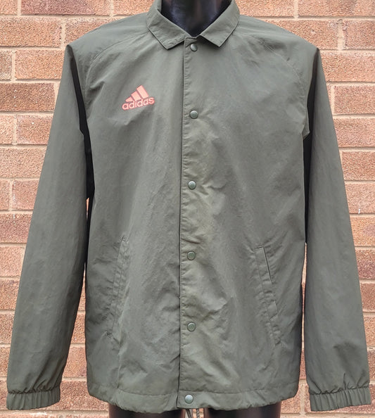 Adidas Coach Jacket Olive Green Red Logo Mesh Lined Snap Button Jacket UK M