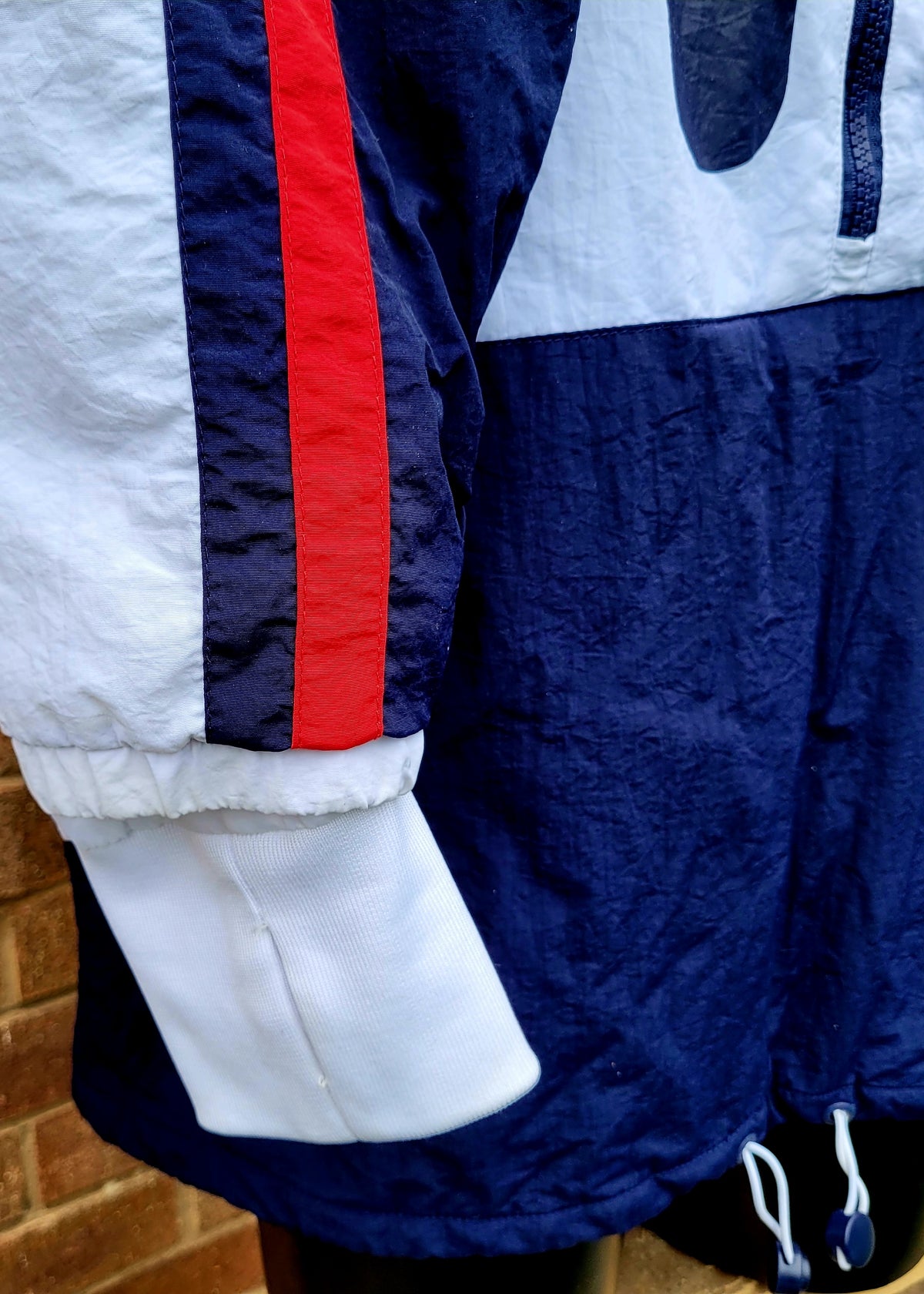 FILA Oversized Half Zip Overhead Padded Anorak Jacket White Navy Red Colour Block Logo Windbreaker Size: Medium