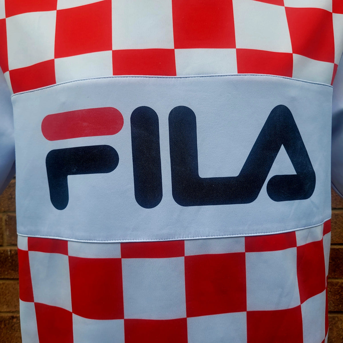 FILA Black Line Checkerboard T-Shirt Red & White Statement Streetwear Tee Size: Medium