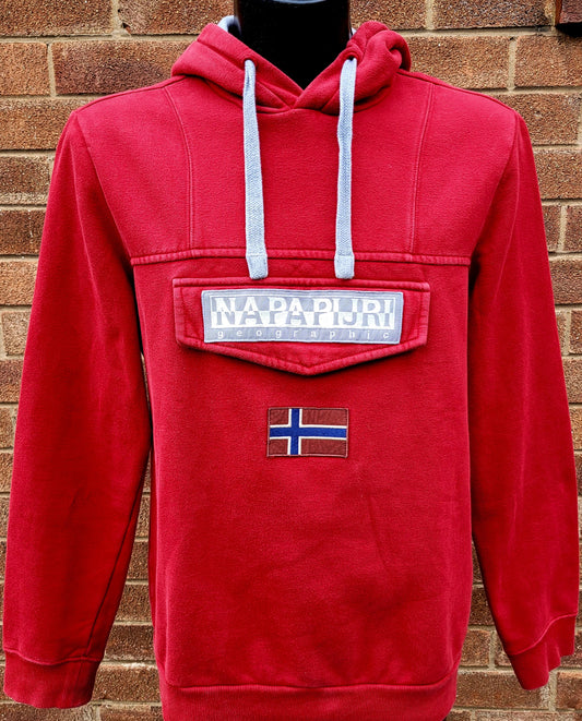 Napapijri Geographic red hoodie oversized Burgee logo chest patch embroidered Norwegian flag and grew drawstring hood kangaroo zip pocket