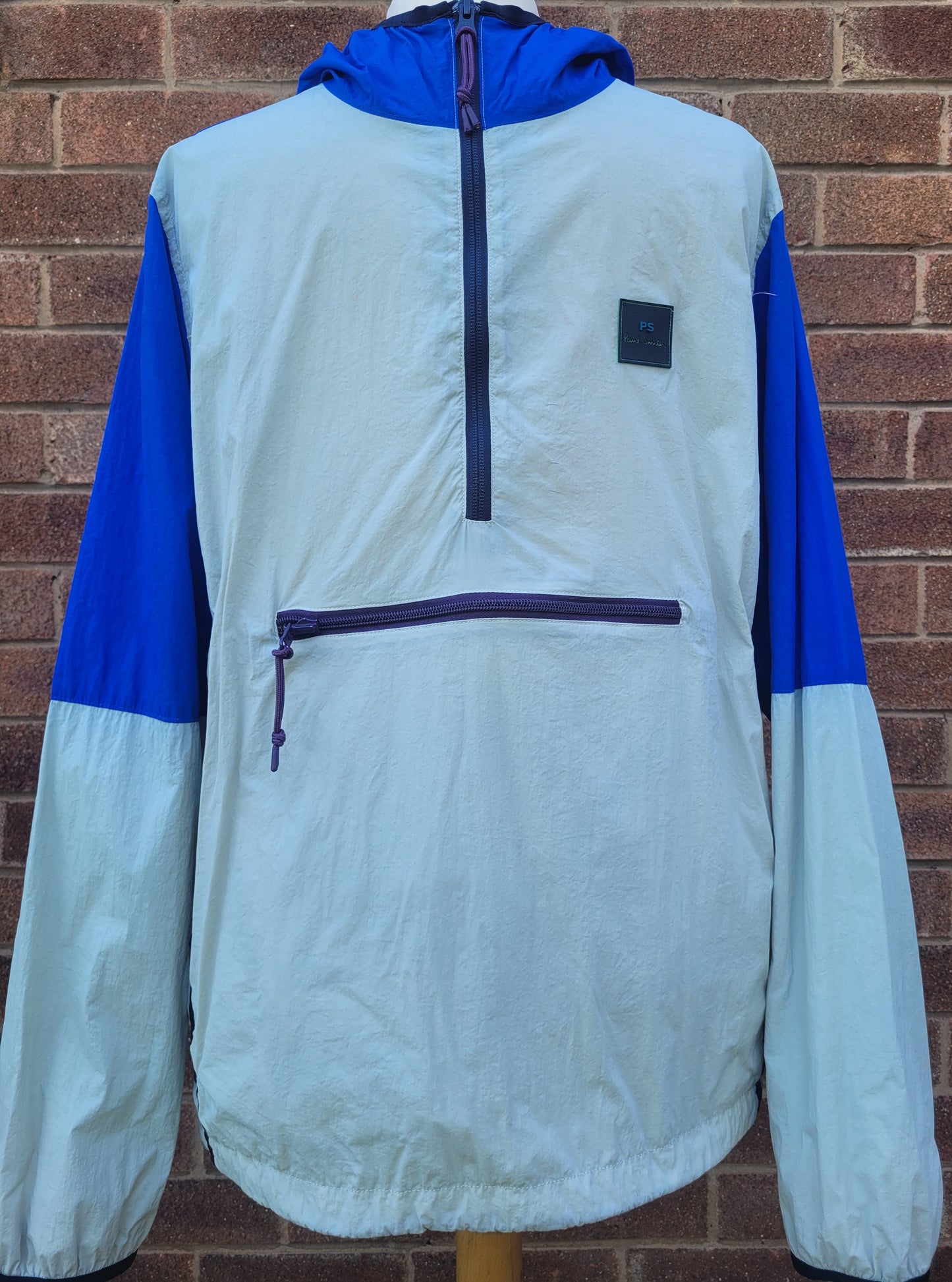 Paul Smith PS Colour Block Overhead Packaway Windbreaker Jacket – Blue / Stone / Tan – Mesh Lined Size: M
