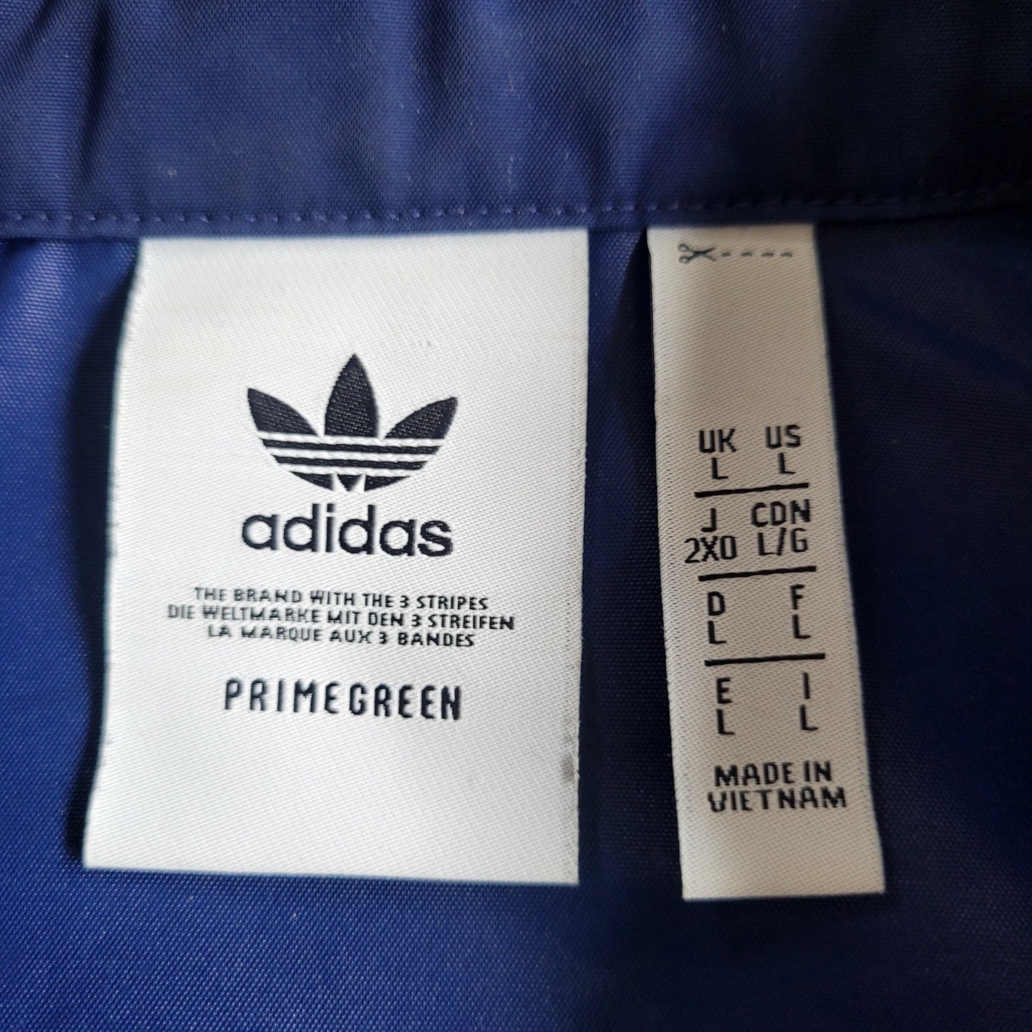 Adidas Originals Blue Coach Jacket- Trefoil Logo Back Print- Primegreen Coat- Size L