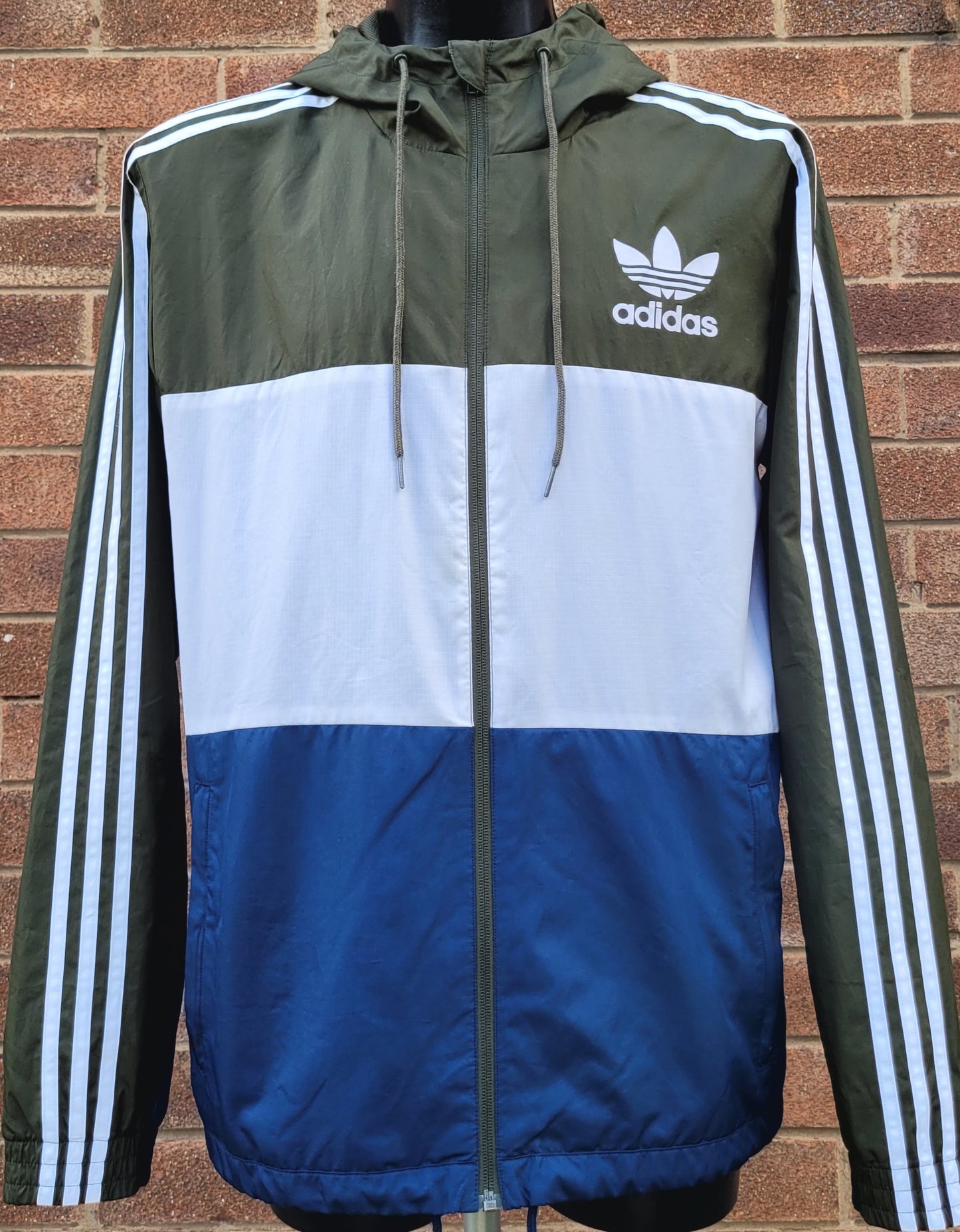 Adidas Originals Colourblock Windbreaker Jacket Green Navy White 3 Stripe Hooded Size-Large