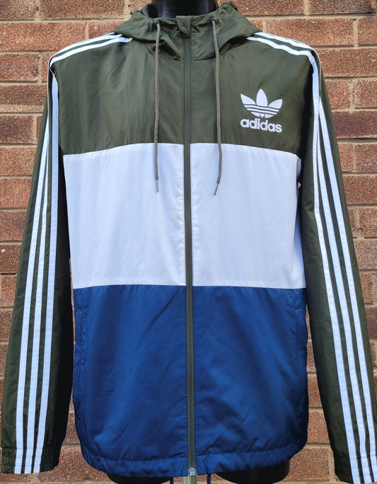 Adidas Originals Colourblock Windbreaker Jacket Green Navy White 3 Stripe Hooded Size-Large