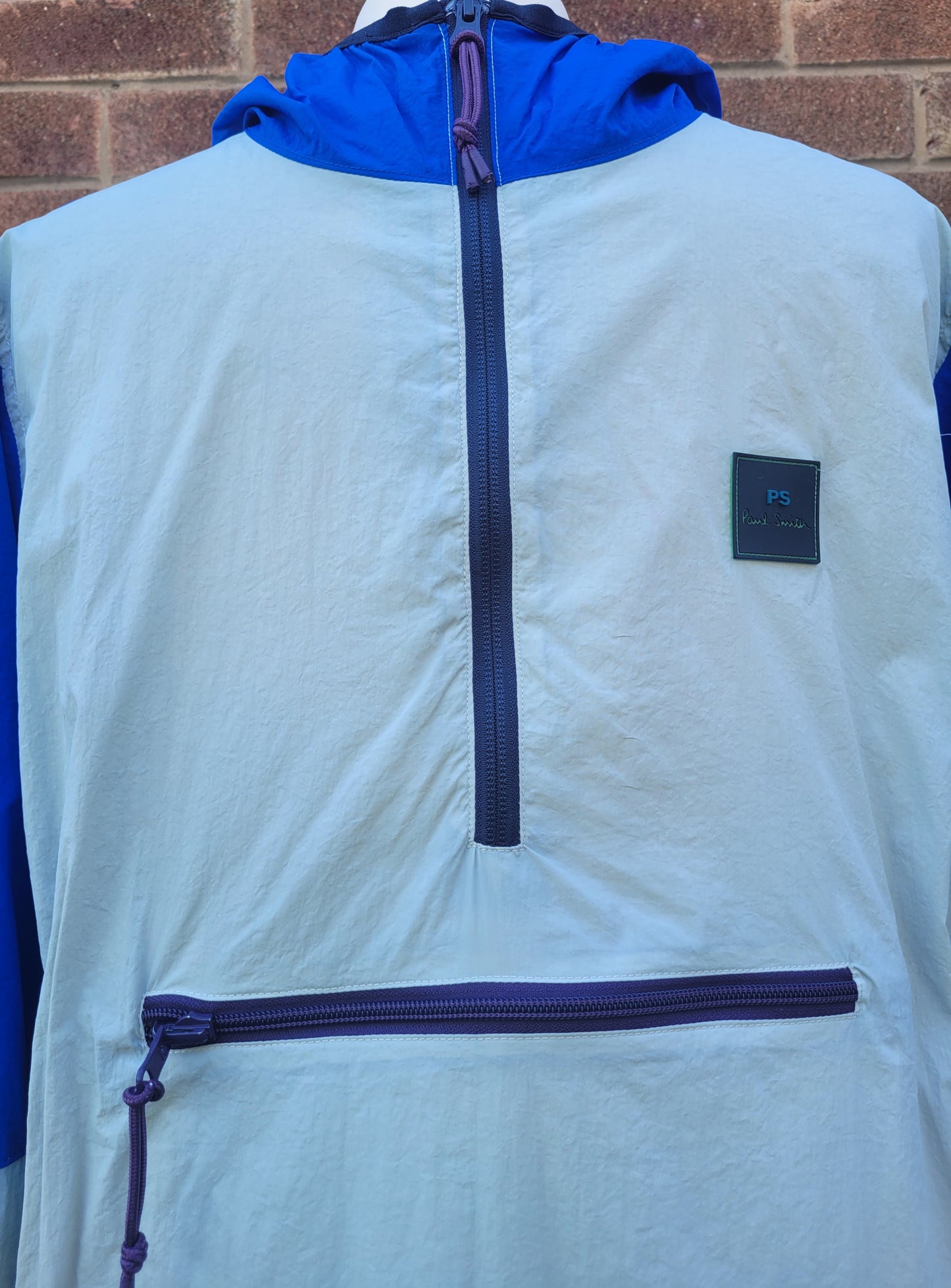 Paul Smith PS Colour Block Overhead Packaway Windbreaker Jacket – Blue / Stone / Tan – Mesh Lined Size: M
