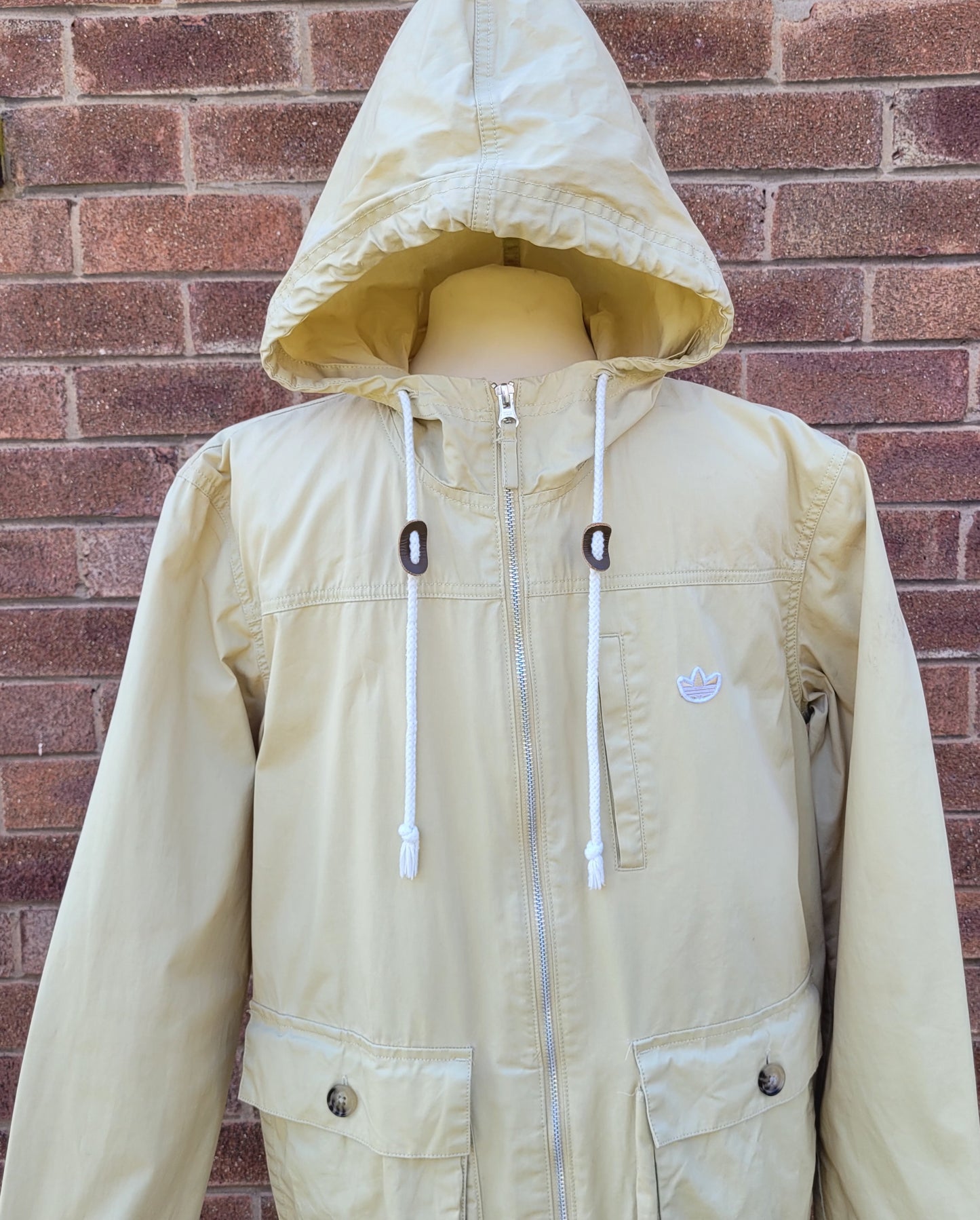 Adidas Originals Hooded Trefoil Utility Jacket Beige  Full Zip Trefoil Logo Men's Vintage Style Size: Medium