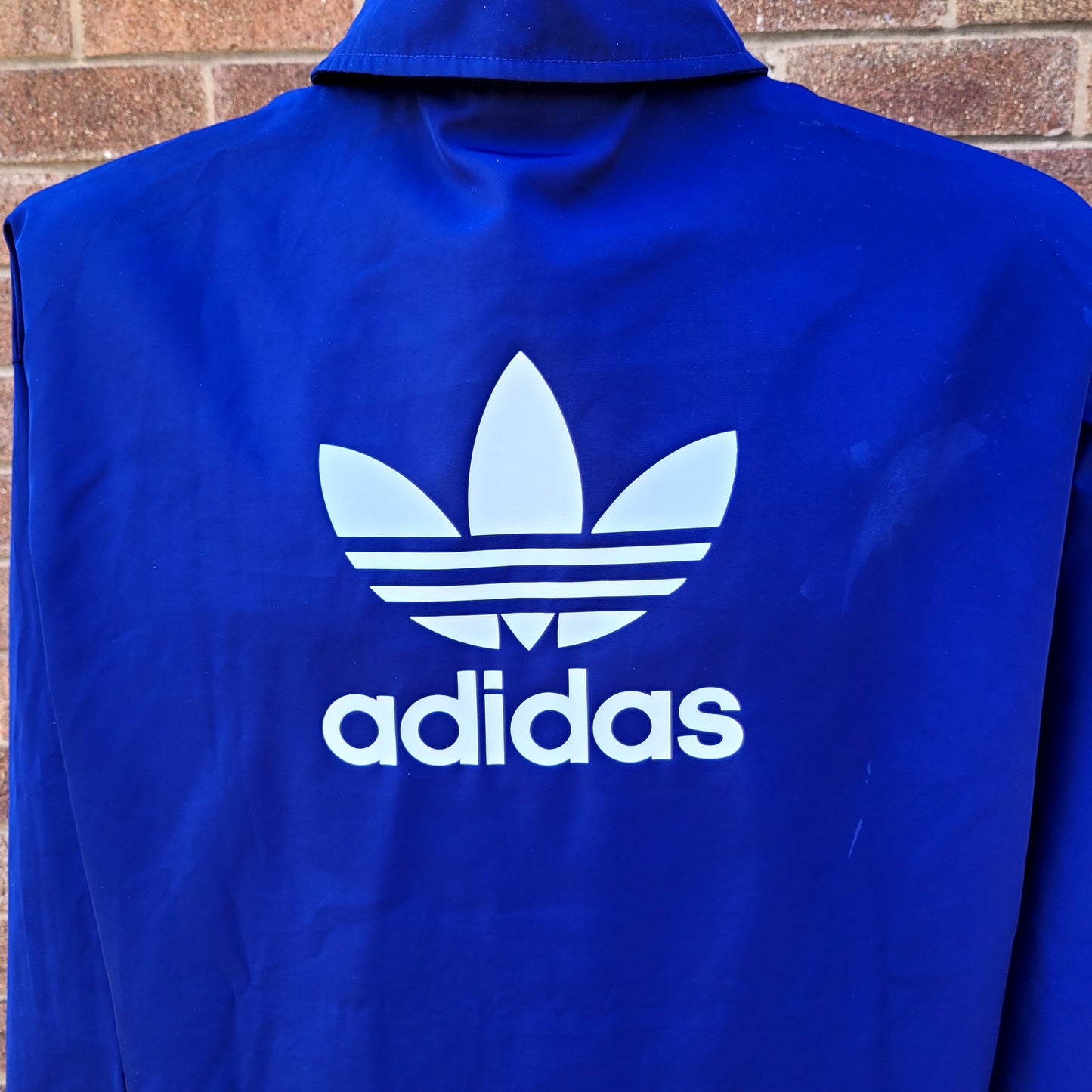 Adidas Originals Blue Coach Jacket- Trefoil Logo Back Print- Primegreen Coat- Size L