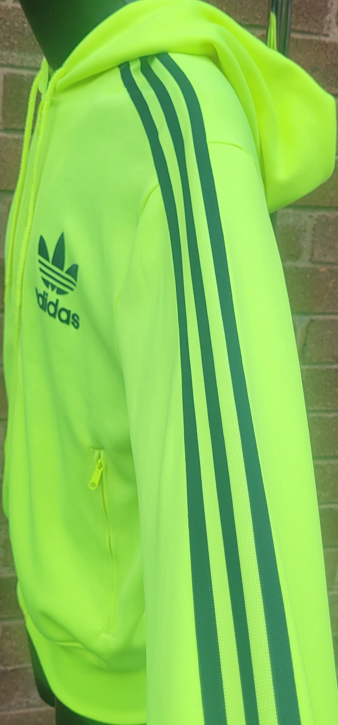 Adidas Originals Neon Green Zip Hoodie, Trefoil Logo  3 Stripe Sleeve, Statement Piece, Size: L