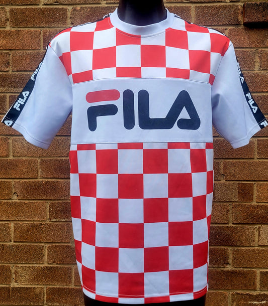 FILA Black Line checkerboard T-shirt in red and white featuring an oversized FILA chest logo, branded sleeve taping and crew neck in a men's medium.