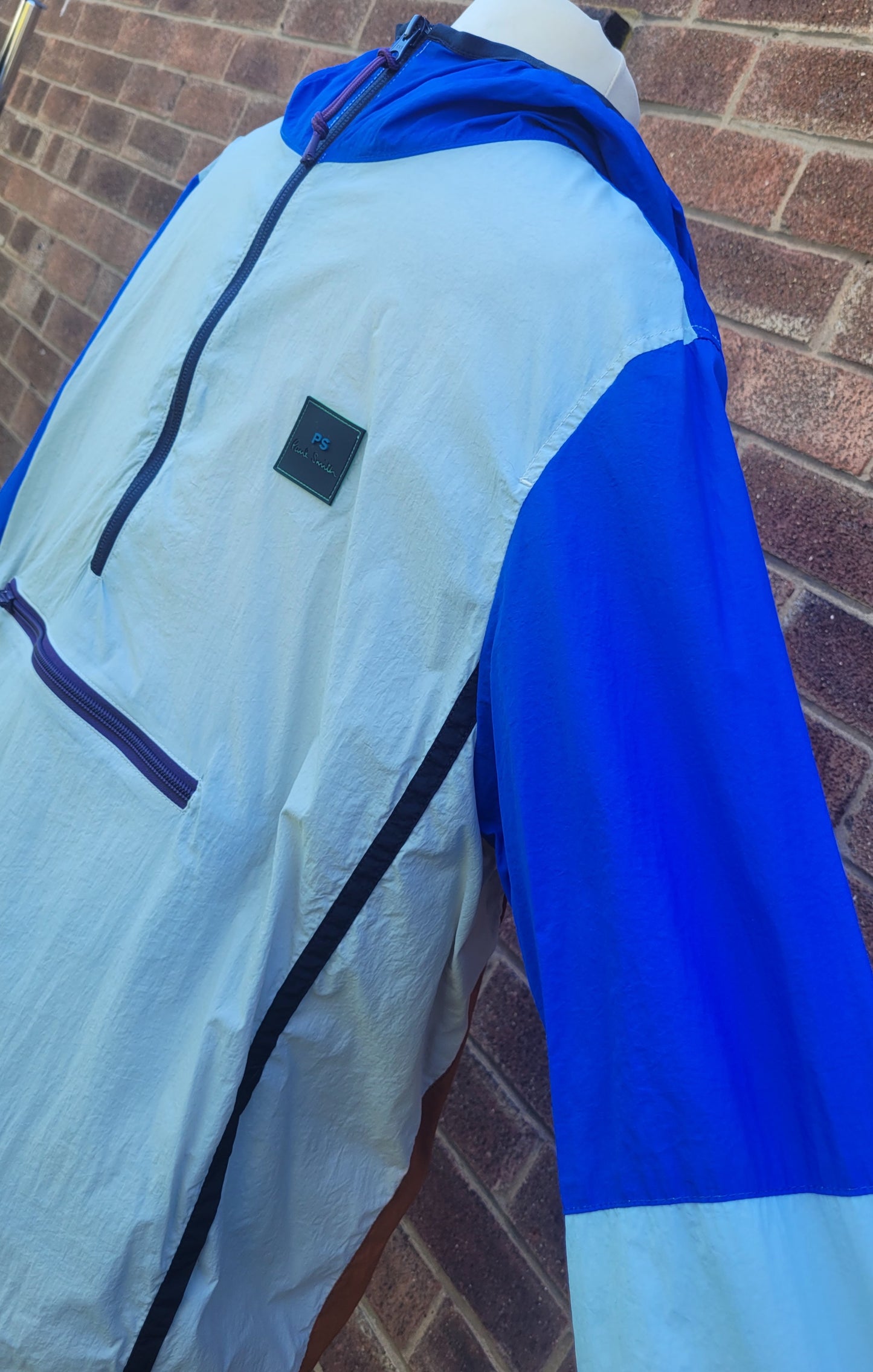 Paul Smith PS Colour Block Overhead Packaway Windbreaker Jacket – Blue / Stone / Tan – Mesh Lined Size: M