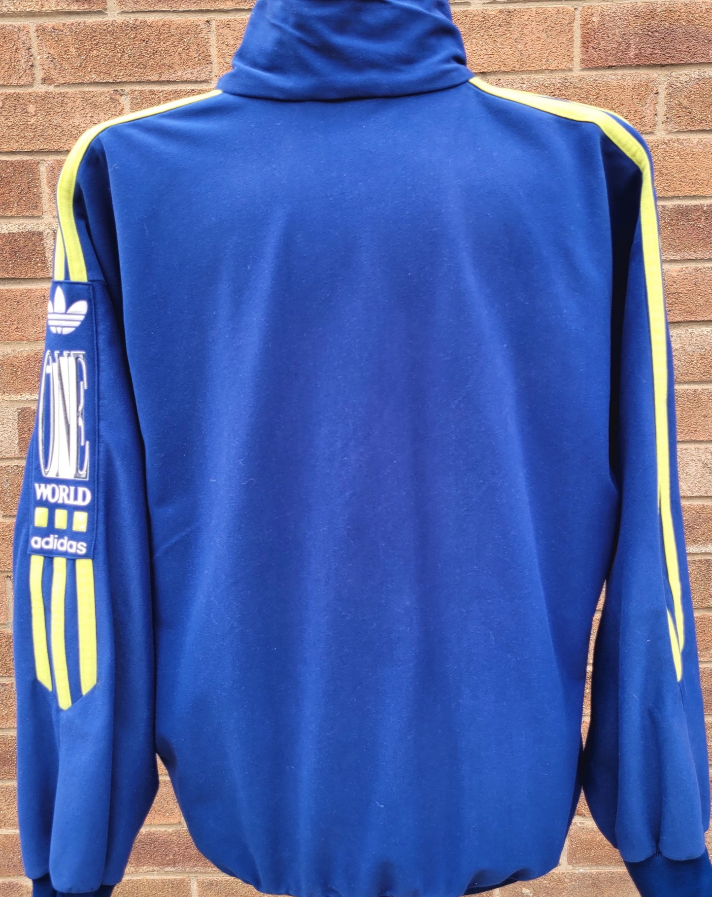 Vintage Adidas Track Jacket Blue Yellow 3 Stripe One World Trefoil Full Zip Size M