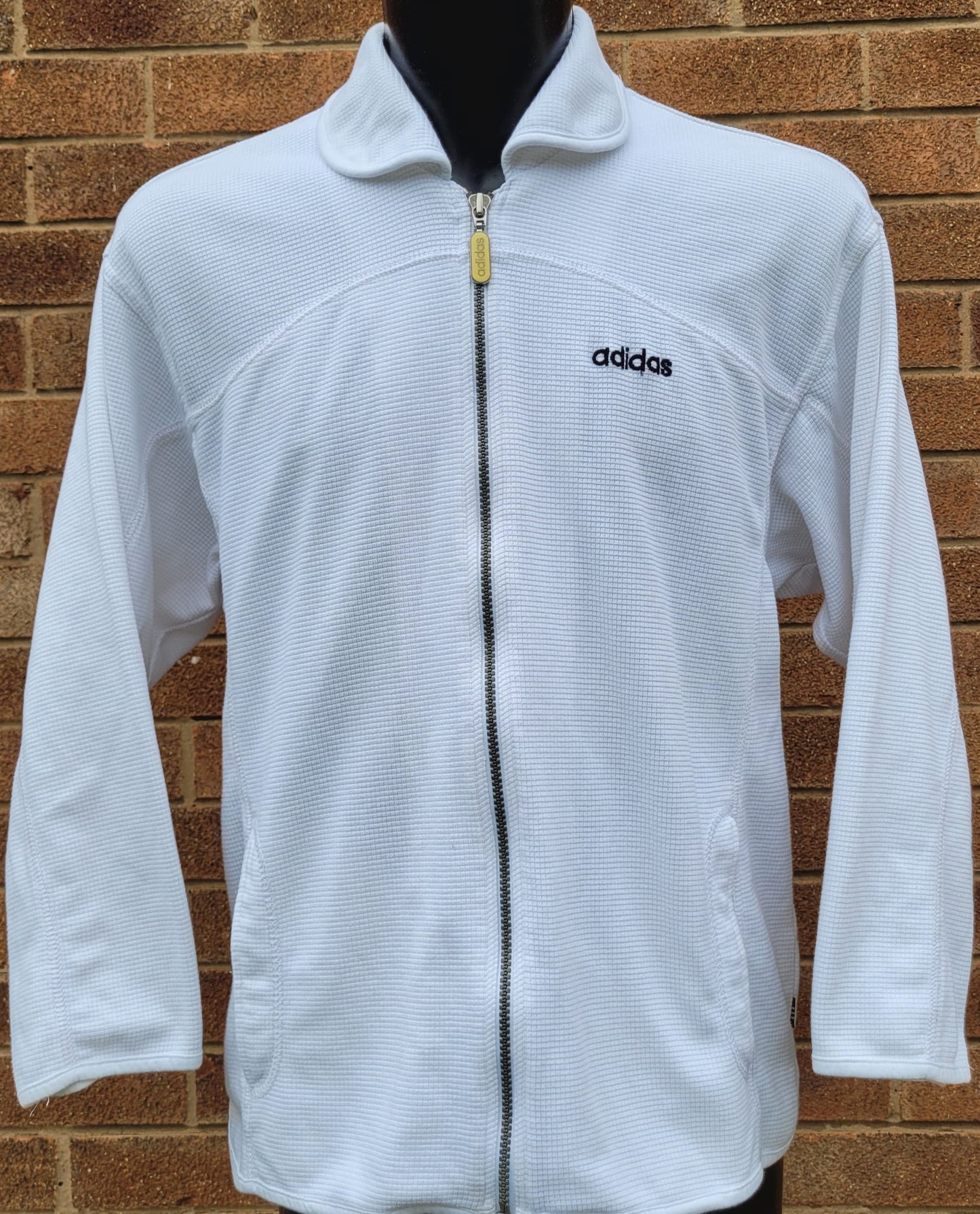 Adidas Textured Waffle Knit Zip Jacket White, Minimal Logo Full Zip Track Top Size: Medium