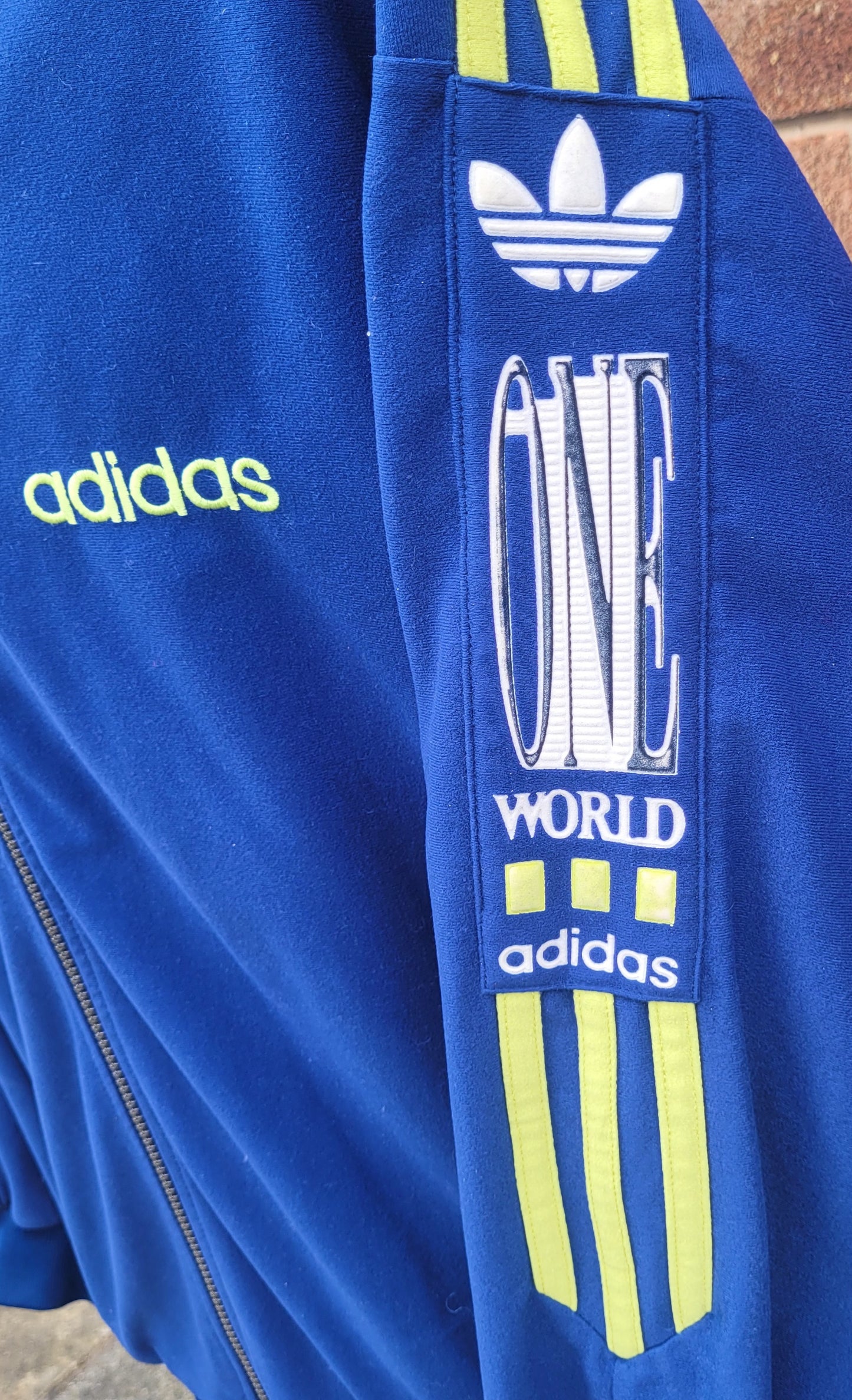 Vintage Adidas Track Jacket Blue Yellow 3 Stripe One World Trefoil Full Zip Size M