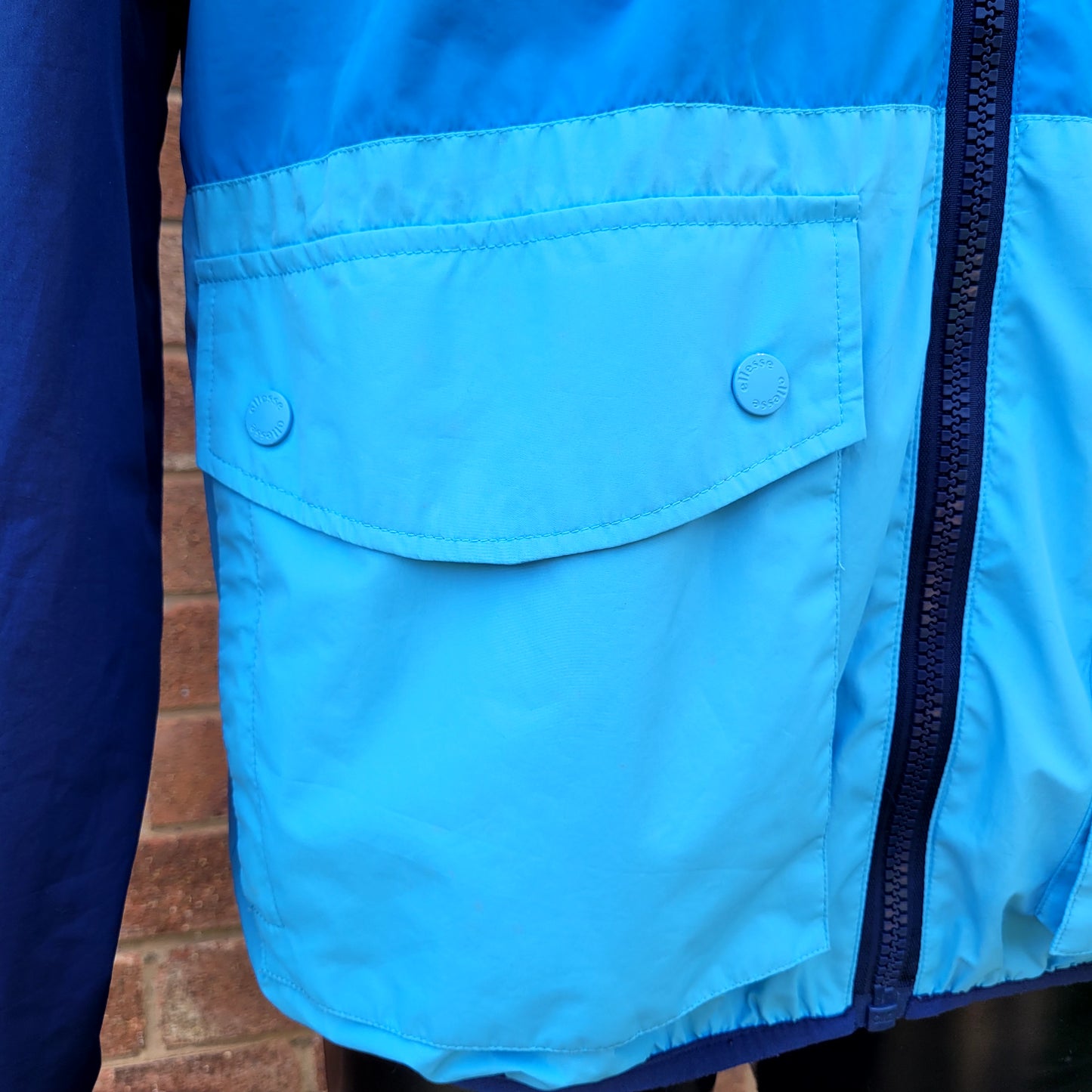 Ellesse Colour Block Windbreaker Jacket Navy Blue Teal Hooded Coat UK M Retro Festival Casuals