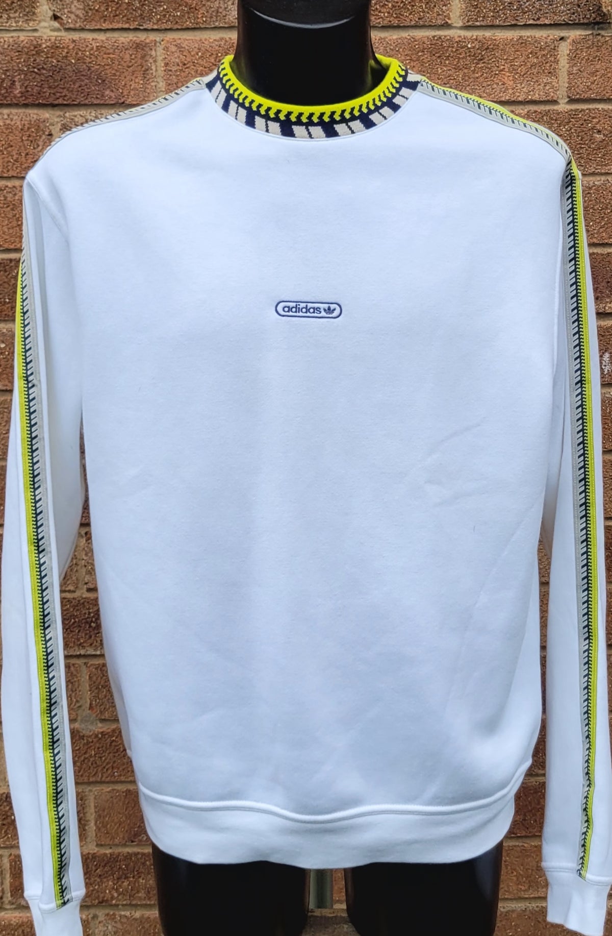 Adidas Originals White Graphic tape crewneck sweatshirt embroidered trefoil logo rib knit patterned collar
