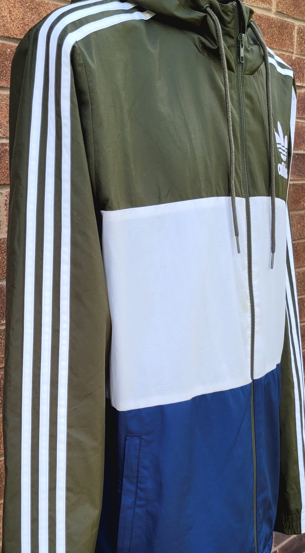 Adidas Originals Colourblock Windbreaker Jacket Green Navy White 3 Stripe Hooded Size-Large