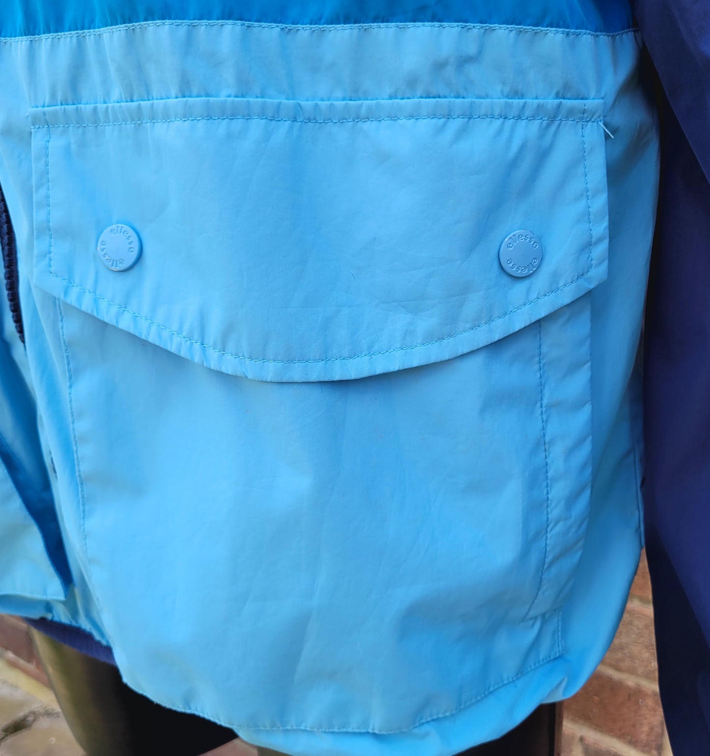 Ellesse Colour Block Windbreaker Jacket Navy Blue Teal Hooded Coat UK M Retro Festival Casuals