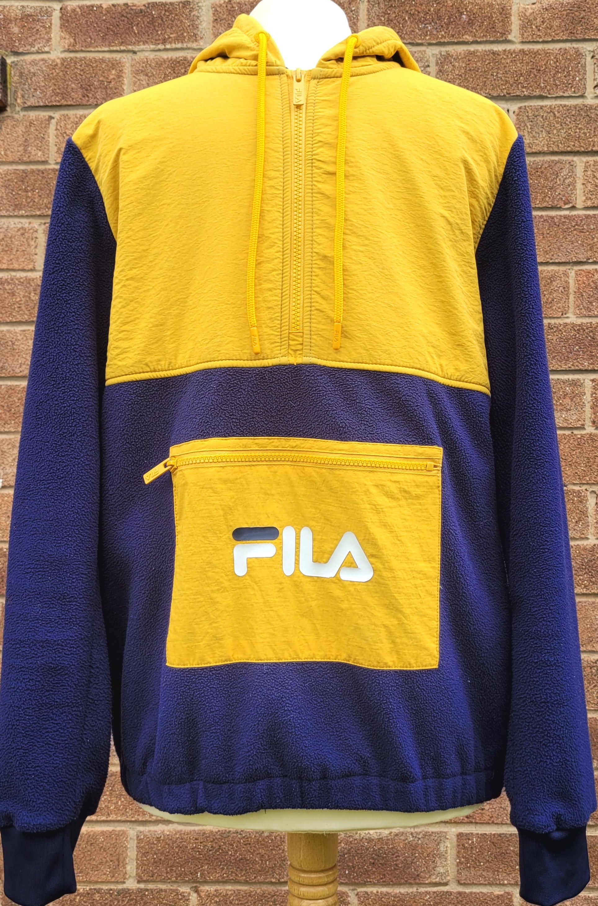 Fila sherpa half zip Yellow and Navy Blue colour block Hoodie kangaroo zip pocket