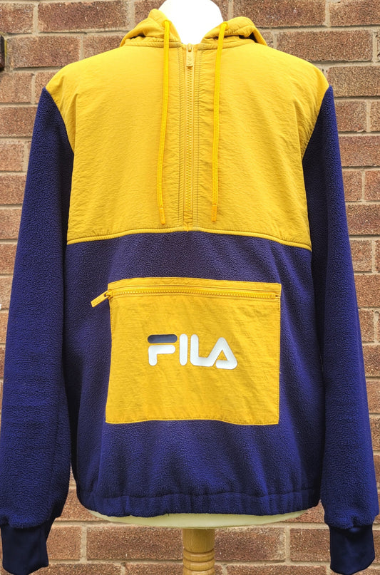 Fila sherpa half zip Yellow and Navy Blue colour block Hoodie kangaroo zip pocket