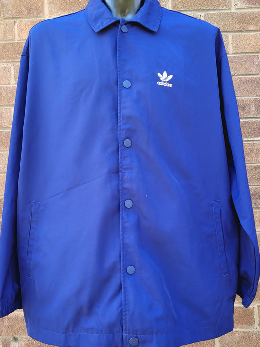 Adidas Originals Blue Coach Jacket- Trefoil Logo Back Print- Primegreen Coat- Size L