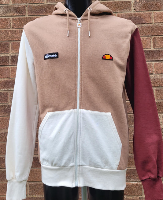 Ellesse Flora Sand Cream Burgundy colour block full zip Hoodie ribbed hem and cuffs side hand pockets 