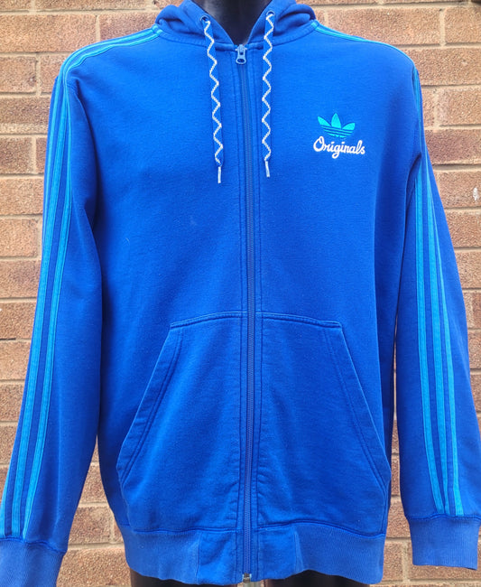 Adidas Originals full zip blue hoodie ribbed hem and cuffs side pockets