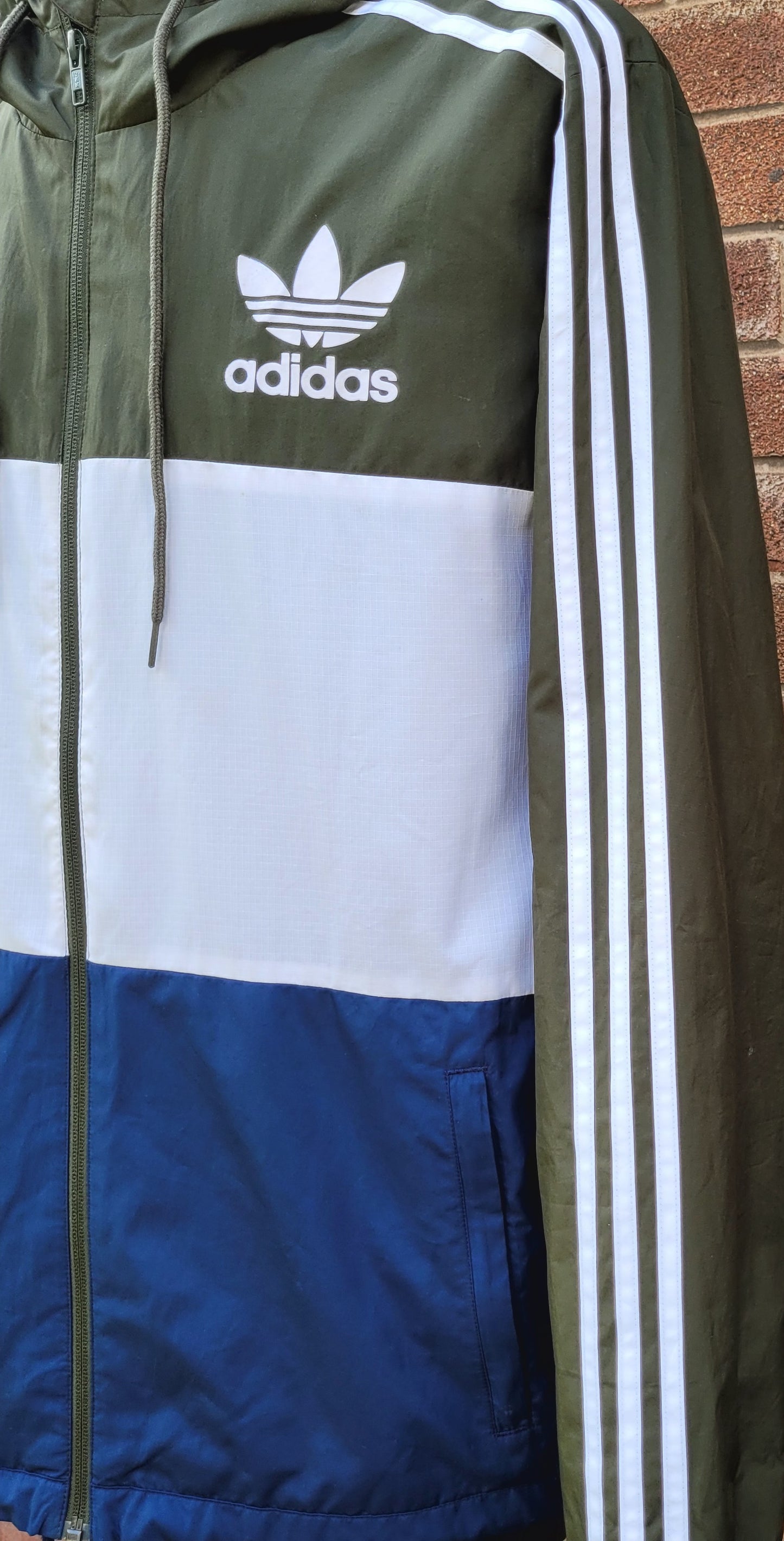 Adidas Originals Colourblock Windbreaker Jacket Green Navy White 3 Stripe Hooded Size-Large