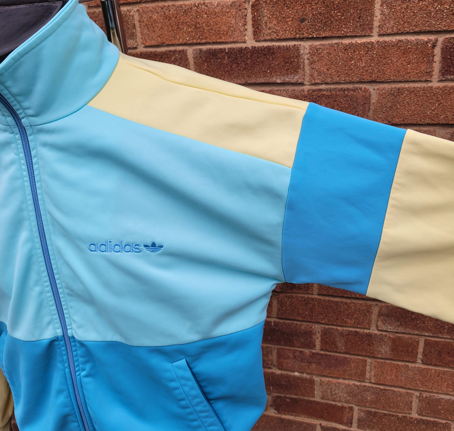 Vintage adidas Originals Track Jacket Ice Blue / Pale Yellow Colourblock Trefoil Zip Top Late 80s West Germany Size: GB - L