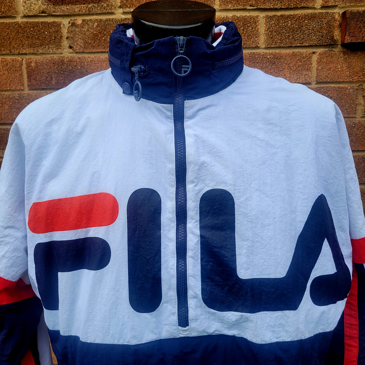 FILA Oversized Half Zip Overhead Padded Anorak Jacket White Navy Red Colour Block Logo Windbreaker Size: Medium