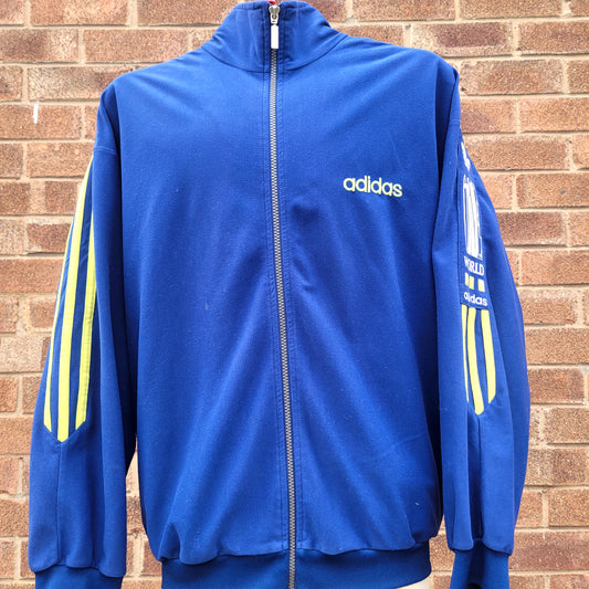 Vintage Adidas Track Jacket Blue Yellow 3 Stripe One World Trefoil Full Zip Size M