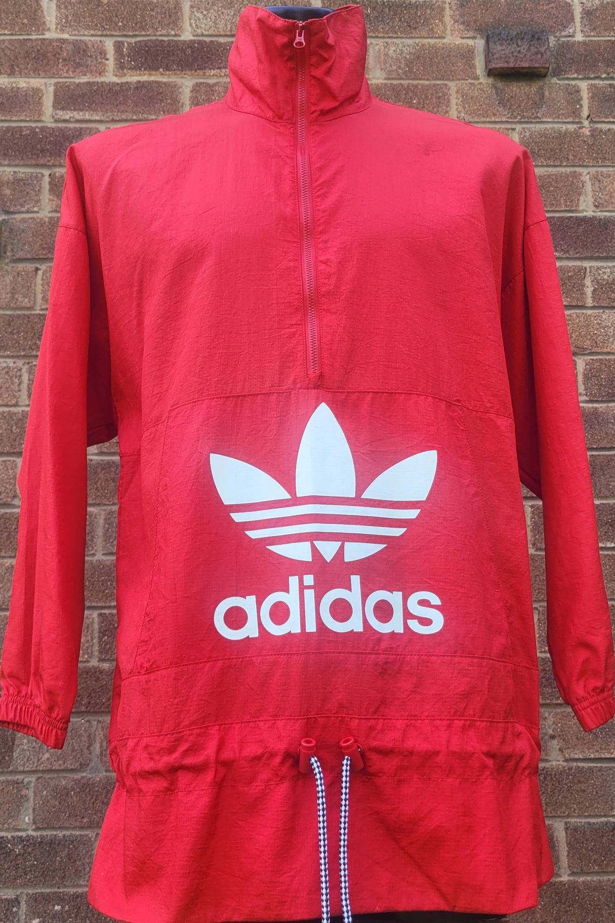 Adidas Originals Ladies Red overhead smock windbreaker large trefoil front pocket half zip