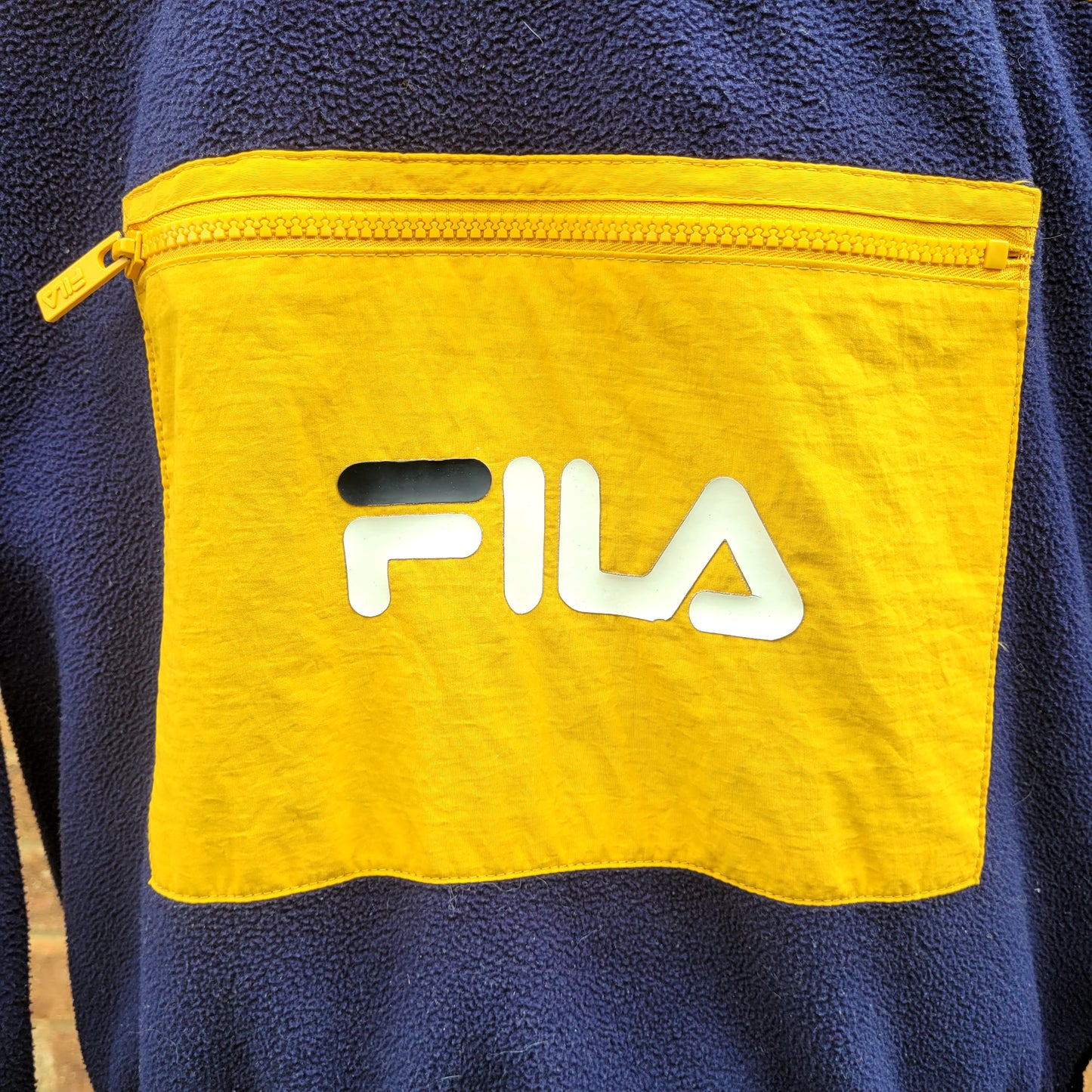 FILA Sherpa Fleece Anorak Hoodie – Yellow & Navy Colour Block Half Zip Pullover Size: Small