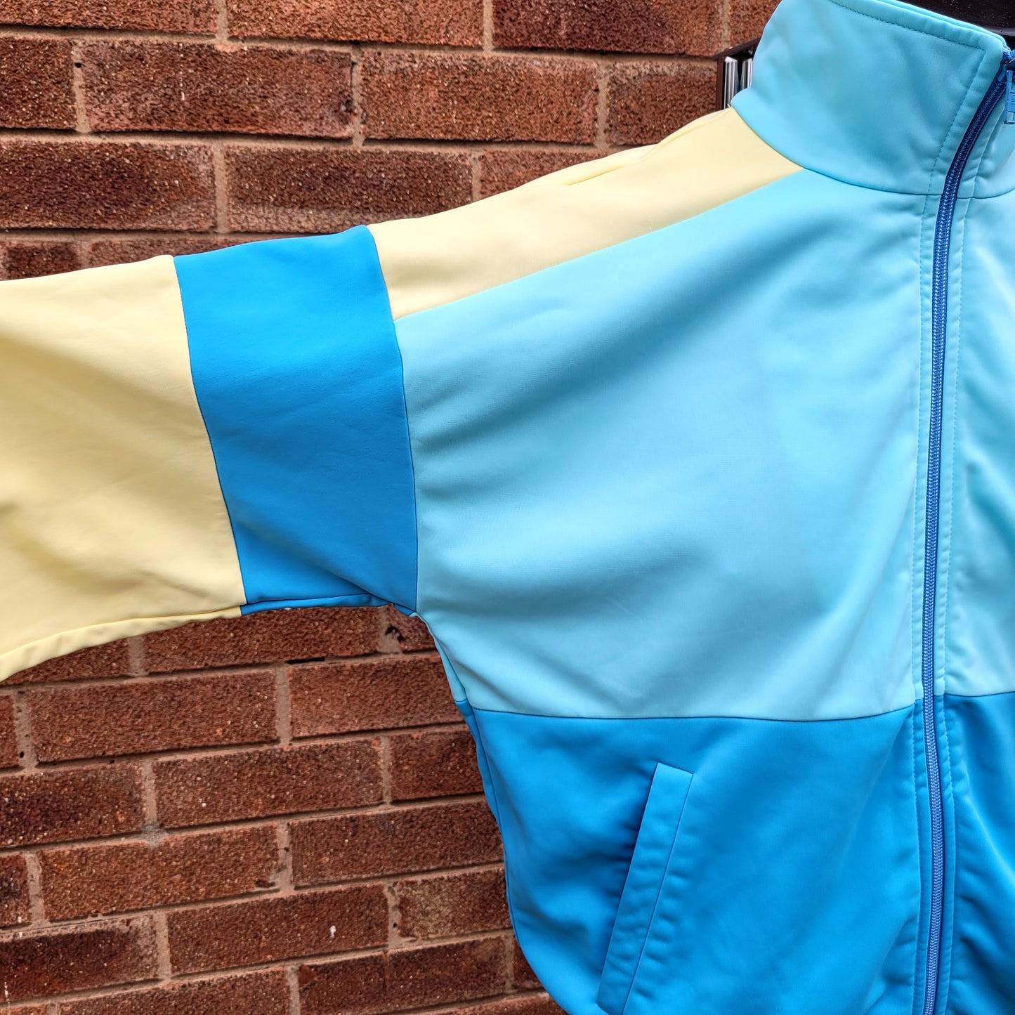 Vintage adidas Originals Track Jacket Ice Blue / Pale Yellow Colourblock Trefoil Zip Top Late 80s West Germany Size: GB - L