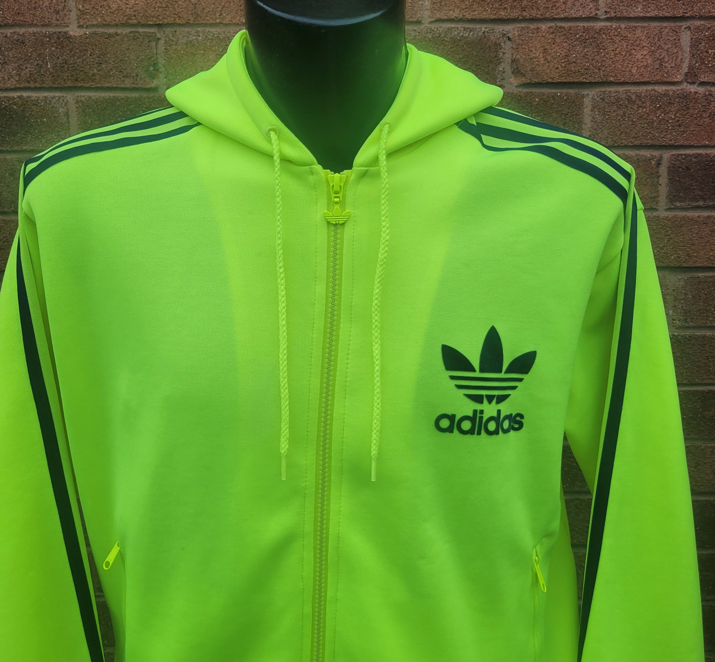 Adidas Originals Neon Green Zip Hoodie, Trefoil Logo  3 Stripe Sleeve, Statement Piece, Size: L