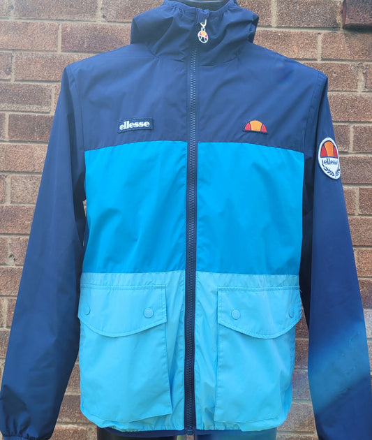 Ellesse Colour Block Windbreaker Jacket Navy Blue Teal Hooded Coat UK M Retro Festival Casuals
