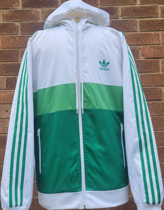 Vintage Adidas Originals Windbreaker Jacket- White Green 3 Stripe- Hooded- Size S