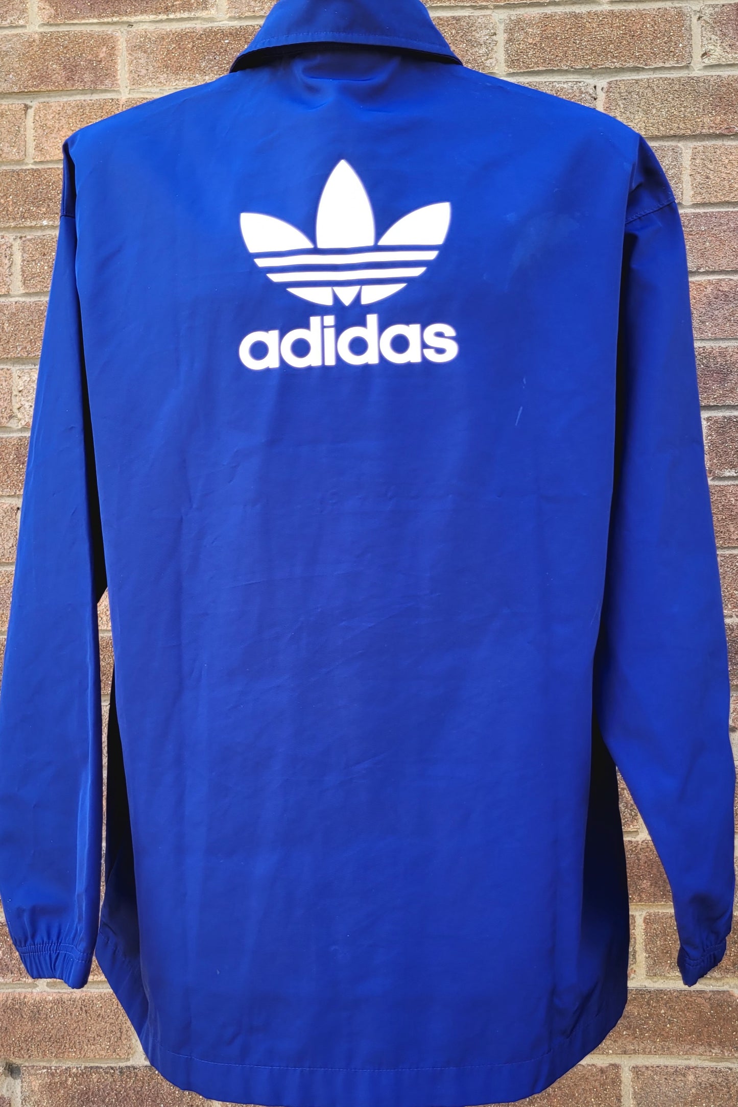 Adidas Originals Blue Coach Jacket- Trefoil Logo Back Print- Primegreen Coat- Size L