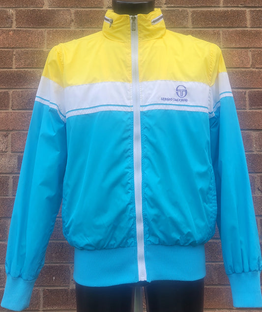 Sergio Tacchini Vintage Colour Block Windbreaker Jacket Yellow Blue White Size Medium