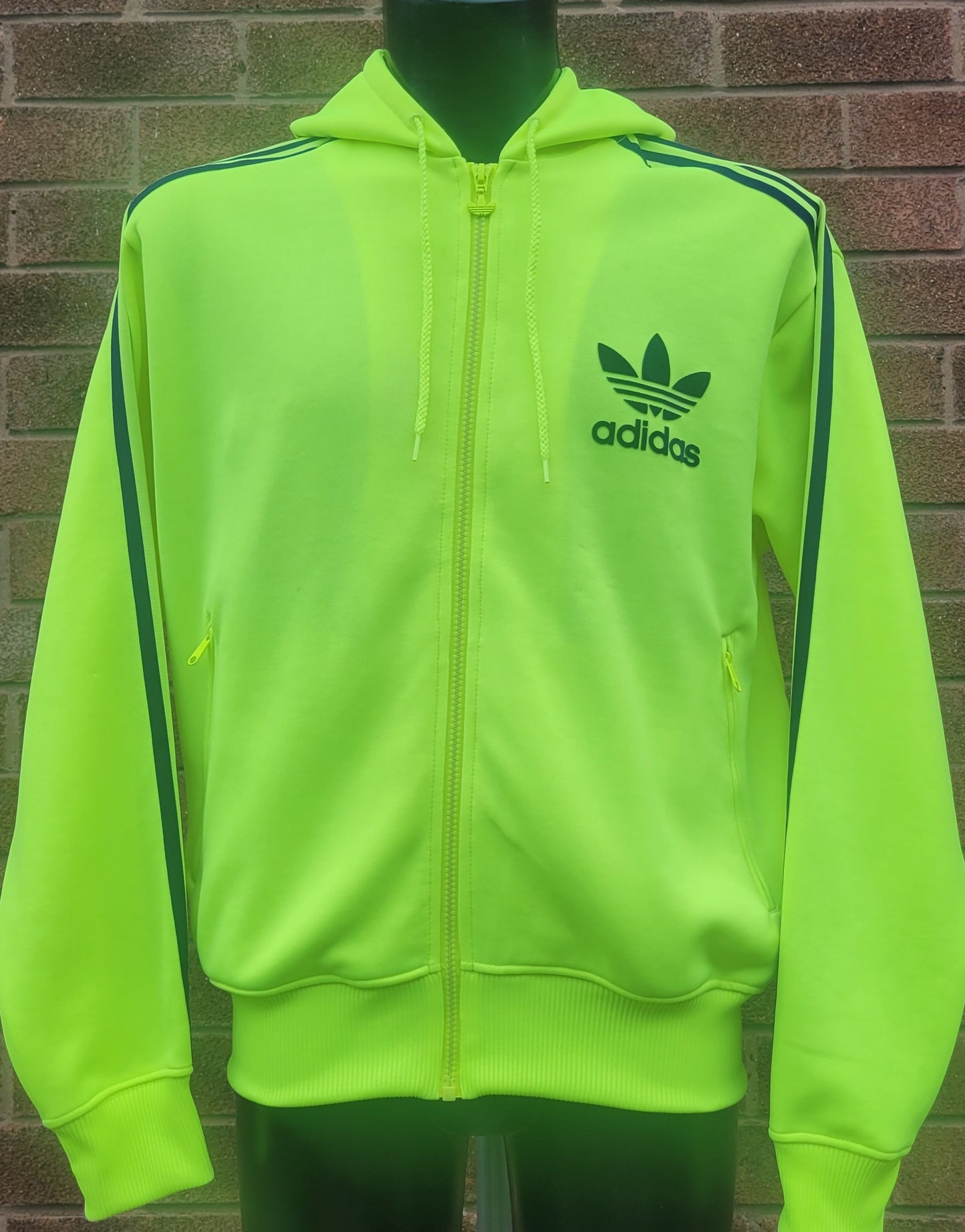 Adidas Originals Neon Green Zip Hoodie, Trefoil Logo  3 Stripe Sleeve, Statement Piece, Size: L