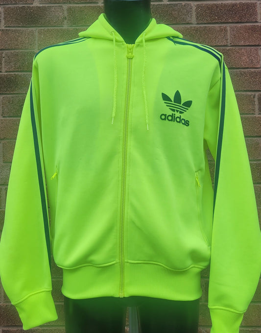 Adidas Originals Neon Green Zip Hoodie, Trefoil Logo  3 Stripe Sleeve, Statement Piece, Size: L