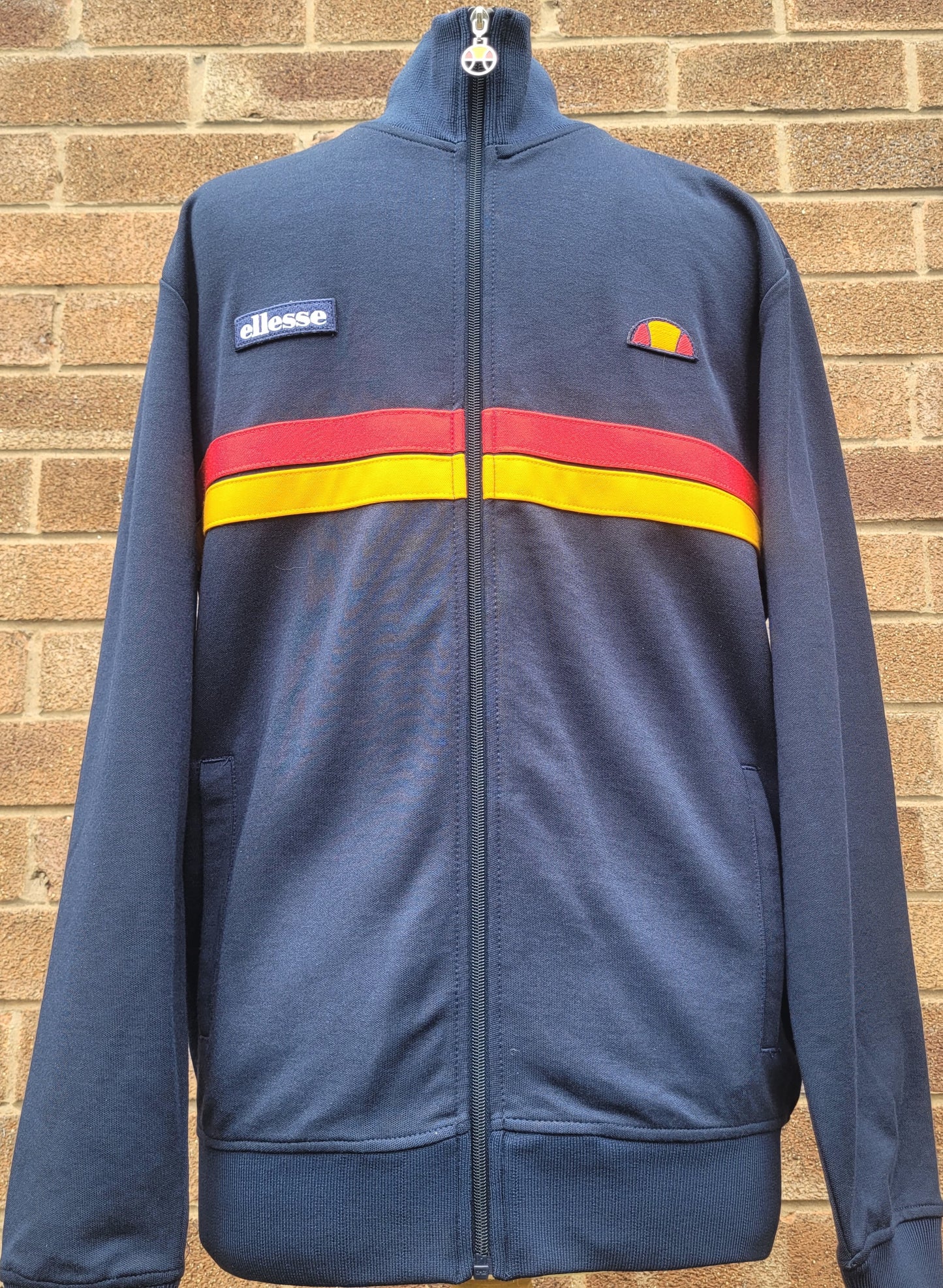 Ellesse Avidor Track Jacket – Navy Red Yellow Stripe Panel – Full Zip – Size S