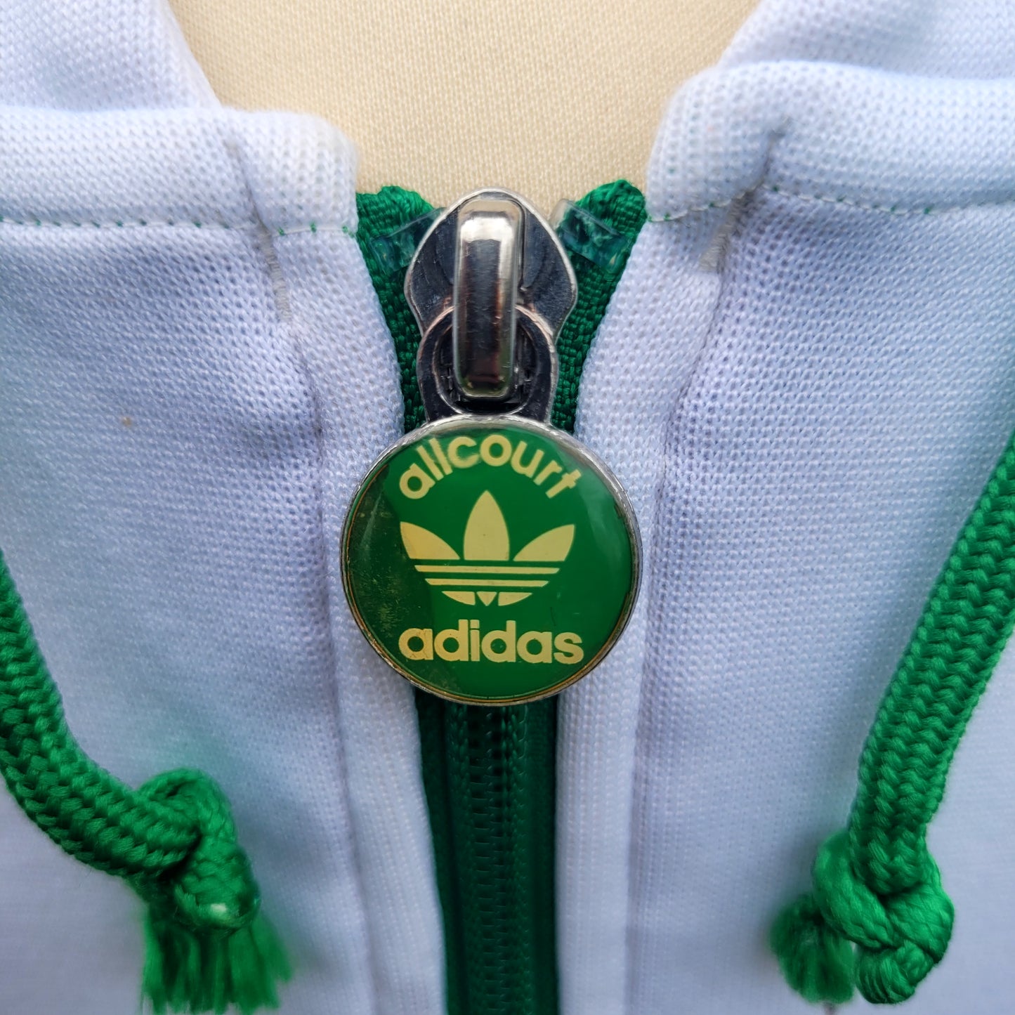 Vintage Adidas Originals “Allcourt” Track Jacket – White Green – Hooded – Full Zip – Size Small