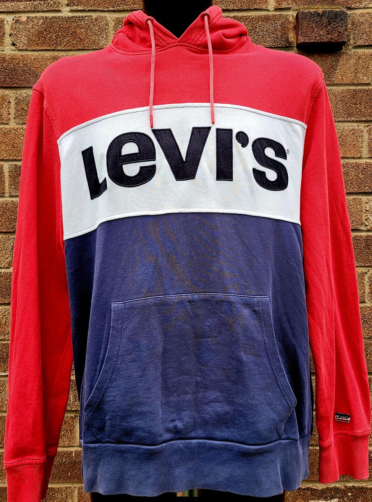Levi's colour block hoodie in red, white and navy with oversized embroidered log drawstring hood front pouch pocket